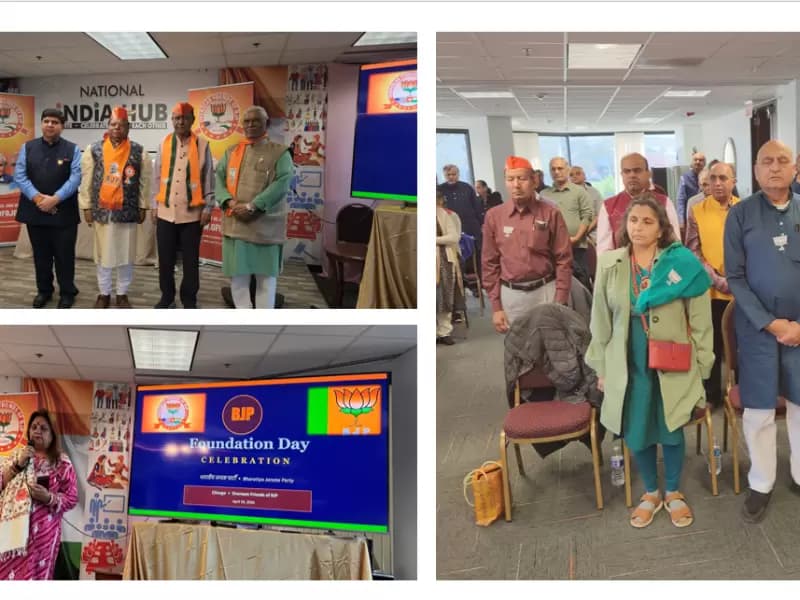 Amar Upadhyay, Chicago Chapter of OFBJP was Felicitated, seen in the picture are Arvind Ankleswaria, Hasmukh Patel, Rakesh Malhotra, Vandana Jhingan, Devesh Pandit, Datta Pandit and Abhinav Raina.