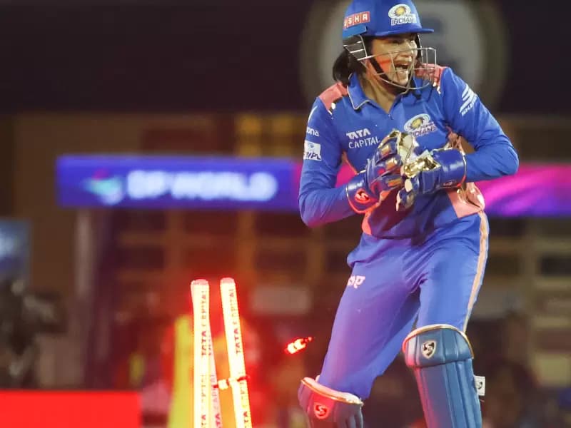 Mumbai Indians' Yastika Bhatia runs out Delhi Capitals' Sarah Bryce during the Women's Premier League 2025 final match between Delhi Capitals and Mumbai Indians at Brabourne Stadium in Mumbai on Saturday, March 15, 2025.