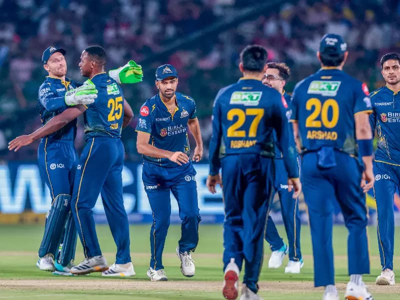 Gujarat Titans' Kagiso Rabada celebrates with teammates the wicket of Rajasthan Royals' Yashasvi Jaiswal during the Indian Premier League 2026 match between Rajasthan Royals and Gujarat Titans at Sawai Mansingh Stadium in Jaipur on Saturday, May 09, 2026.