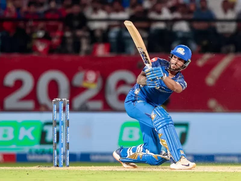 Mumbai Indians' Tilak Varma plays a shot during the Indian Premier League (IPL) 2026 match between Punjab Kings and Mumbai Indians, at Himachal Pradesh Cricket Association Stadium, in Dharamsala on Thursday, May 14, 2026.