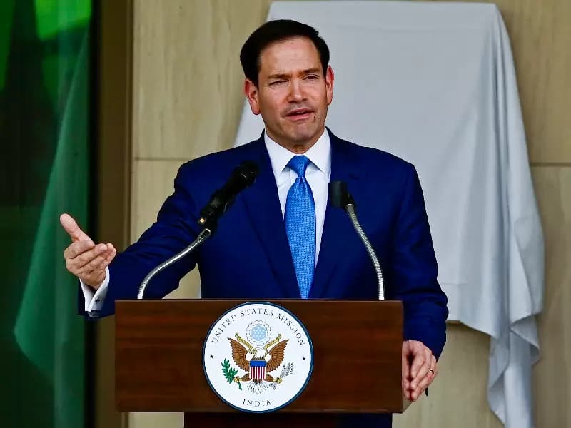United States Secretary of State Marco Rubio addresses the dedication ceremony of the new Support Annex Building at the United States Embassy in New Delhi, Saturday, May 23, 2026.