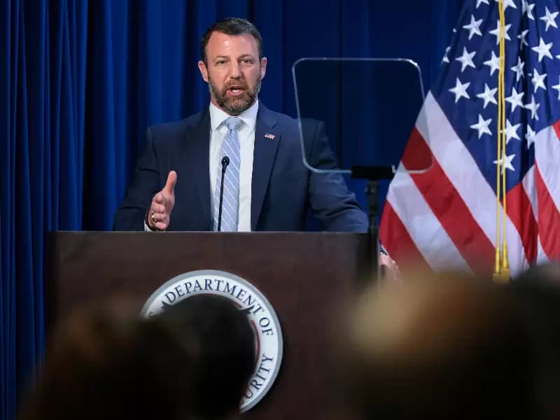 U.S. Secretary of Homeland Security Markwayne Mullin delivers remarks at an event honoring fallen police officers and federal agents at ICE Headquarters in Washington, D.C., U.S., May 13, 2026.