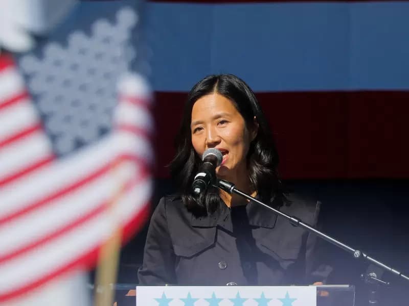 Mayor of Boston Michelle Wu speaks during a "No Kings" protest against U.S. President Donald Trump's policies, in Boston, Massachusetts, U.S., October 18, 2025.