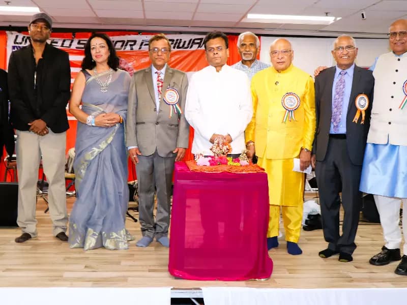 The lamp-lighting ceremony was performed, (from L to R) Satish Patel, Harish Kolsani (India Hub), Ramesh Choksi (USPC President), Honorable Consul General Somanath Ghosh, Virendra Patel, Kirit Pandya, Acharya Rohit Joshi, Kirit Pandya, Bhanu Vyas.