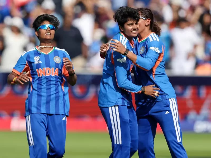 India's Sree Charani celebrates with teammates after dismissing Australia's Phoebe Litchfield during the Group A match between Australia Women and India Women in the ICC Women's T20 World Cup 2026 at Lord's in London, England, on Sunday, June 28, 2026. ()