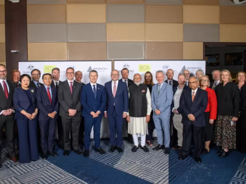 Indian Prime Minister Narendra Modi, Prime Minister Anthony Albanese, Education Minister Jason Clare and Senior Deputy Vice-Chancellor Professor Romy Lawson attend the Australia-India Economic Roadmap Business Reception.