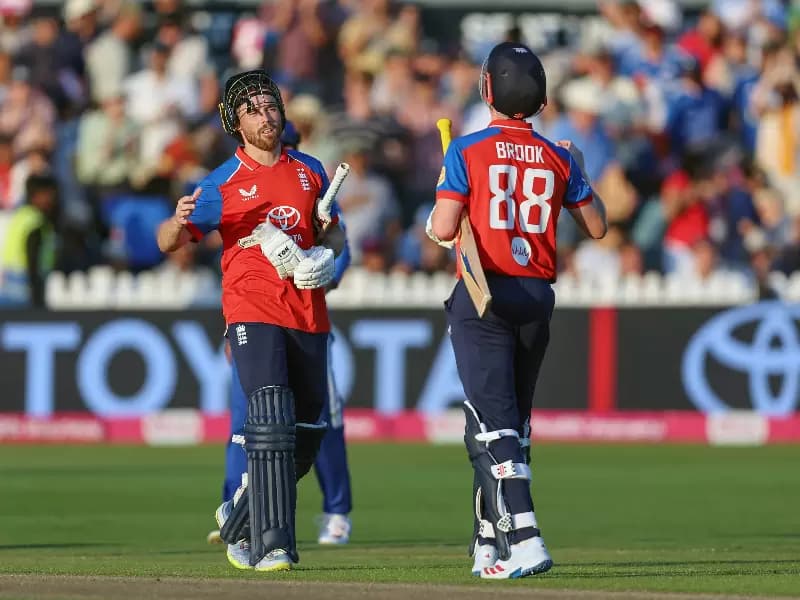England's captain Harry Brook and Phil Salt celebrate their win in the fourth T20 International between India and England in the India tour of England 2026 at the County Ground in Bristol, England, on Thursday, July 9, 2026.