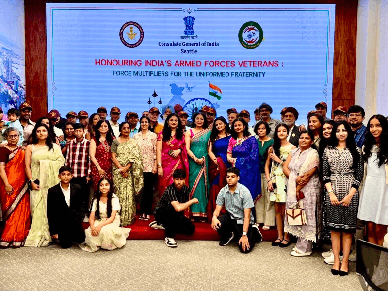 Veterans of the Indian Armed Forces and their families attended a gathering hosted by the Consulate General of India in Seattle on July 12.