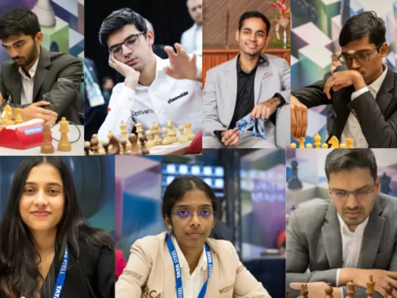 (Top, L-R) Gukesh Dommaraju, Anish Giri, Arjun Erigaisi and R. Praggnanandhaa, (Bottom, L-R) divya deshmukh, vaishali rameshbabu and pentala harikrishna