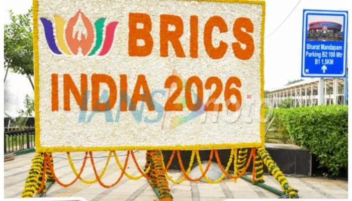 A floral display featuring the BRICS India 2026 summit logo