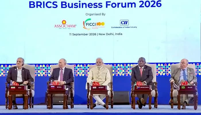 (From L to R) President of the Islamic Republic of Iran Masoud Pezeshkian, Russian President Vladimir Putin, Prime Minister Narendra Modi, President of South Africa Cyril Ramaphosa, Brazil's Foreign Minister Mauro Vieira during the BRICS Business Forum 2026 at Bharat Mandapam in New Delhi, Friday, September 11, 2026.