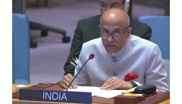 India's Permanent Representative P Harish speaks at the United Nations Security Council