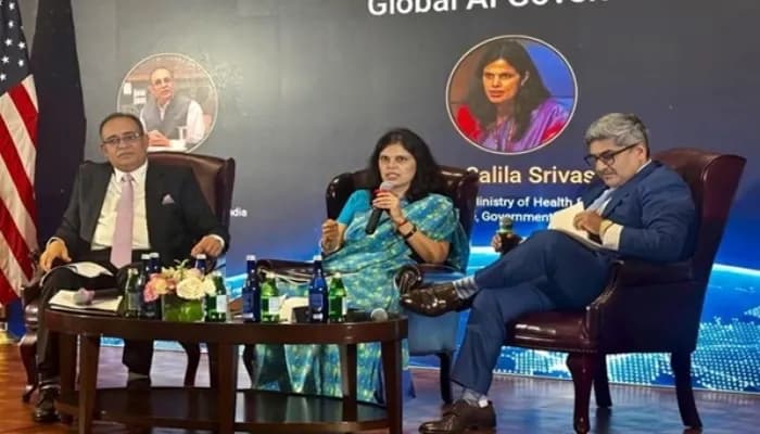 न्यूयॉर्क में भारत के वाणिज्य दूतावास में आयोजित 'ग्राउंडिंग द फ्रंटियर: ए ग्लोबल साउथ AI फ्रेमवर्क' विषय पर चर्चा के दौरान भारत की स्वास्थ्य सचिव पुण्य सलिला।