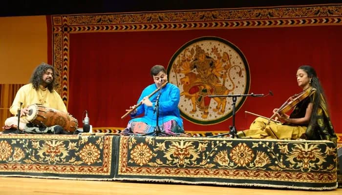 Flute artist Shashank Subramanyam is accompanied by Sruti Sarathy on violin and Patri Satish Kumar on mridangam (double-headed drum) during the Navaratri Festival at Wesleyan on September 27, 2025