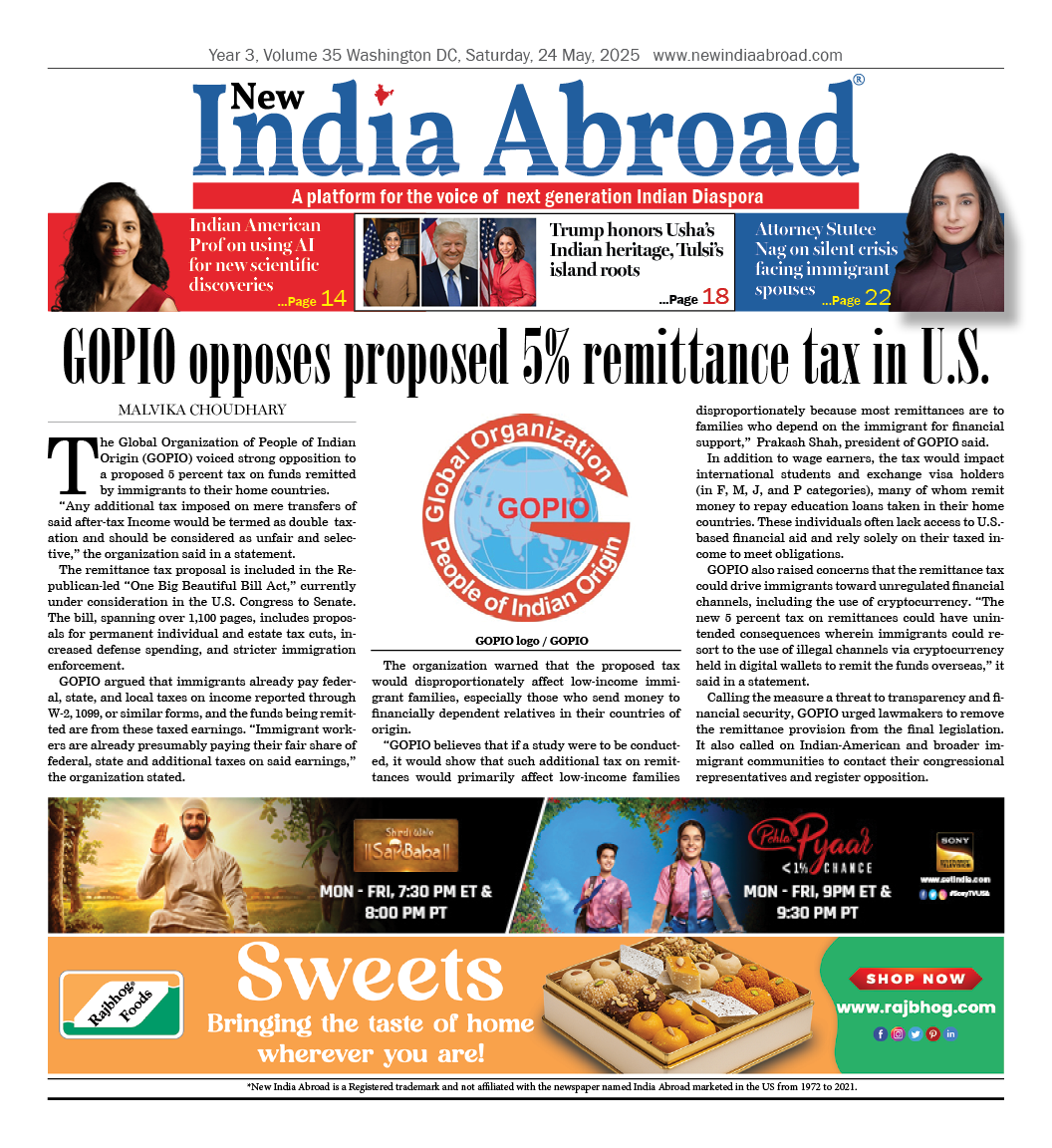 GOPIO opposes proposed 5% remittance tax in U.S.